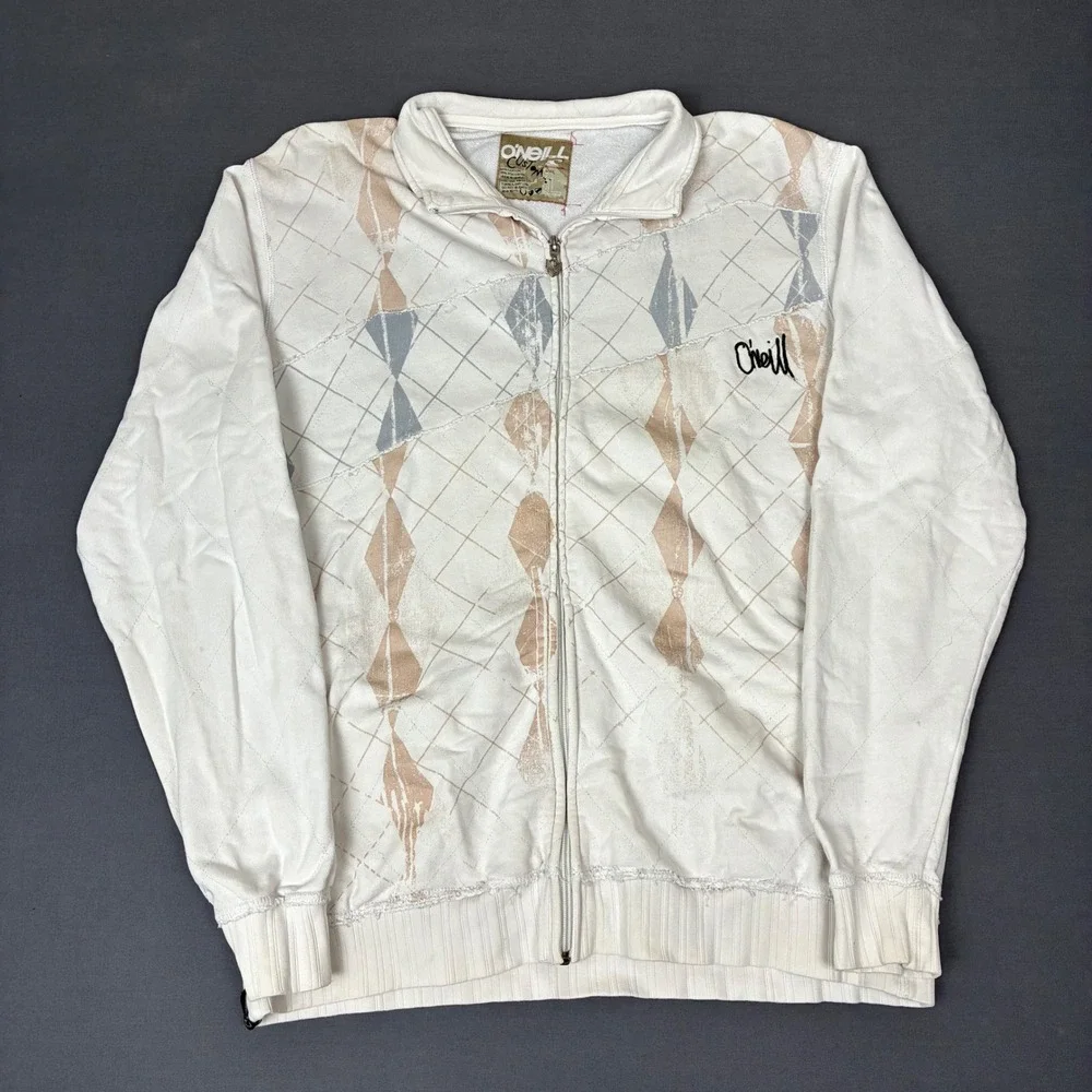 Y2K O'Neill Full Zip Track Jacket Men's Size Large White Argyle Diamond Pattern